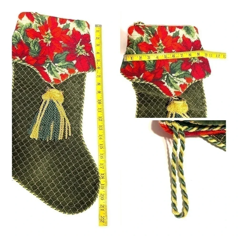 Christmas Poinsettia Stocking Cotton Wool Blend Green Rope Tassel
